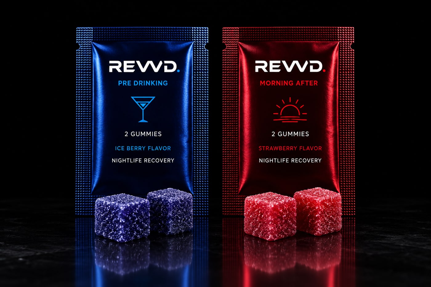 Both REVVD sachets, Pre Drinking in blue and Morning After in red